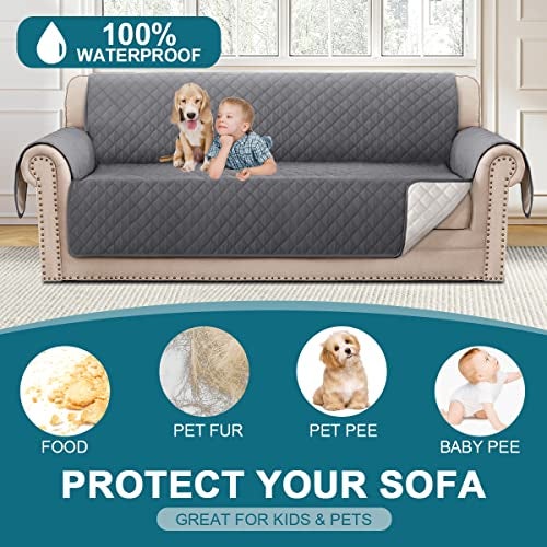 Turquoize 100% Waterproof Couch Cover Sofa Covers Washable Couch Covers for 3 Cushion Couch Sofa Pet Friendly Triple Non-Slip Couch Cover for Dogs Furniture Covers for Pets, Kids,Dog (Sofa 70", Gray) - Image 2
