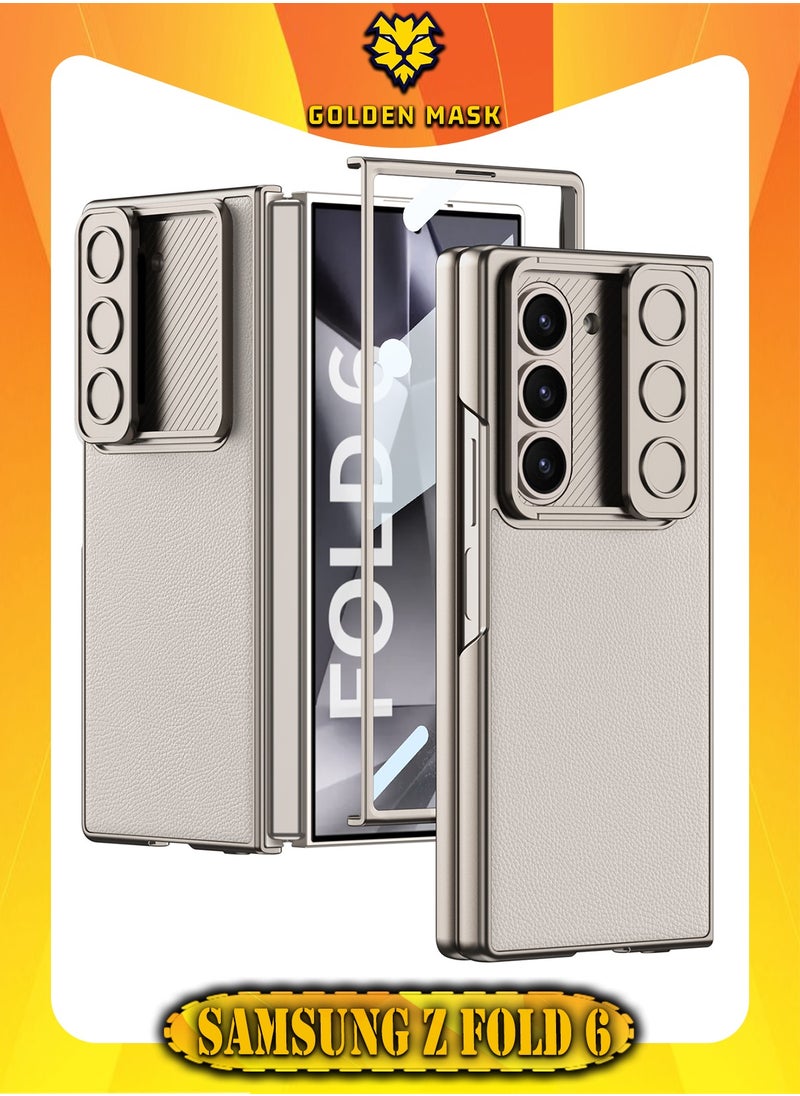 جولدن ماسك جولدن ماسك لهاتف سامسونج جالاكسى زد فولد 6 (Samsung Galaxy Z Fold 6) جراب حماية من جلد وغطاء للكاميرا مع واقي شاشة أمامي  - (بيج) 