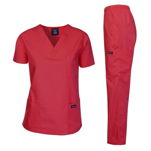Dagacci Medical Uniform Woman and Man Scrub Set Unisex Medical Scrub Top and Pant, RED, XXL - Image 1