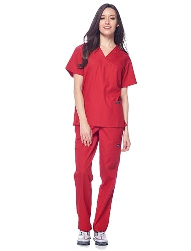 Dagacci Medical Uniform Woman and Man Scrub Set Unisex Medical Scrub Top and Pant, RED, XXL - Image 2