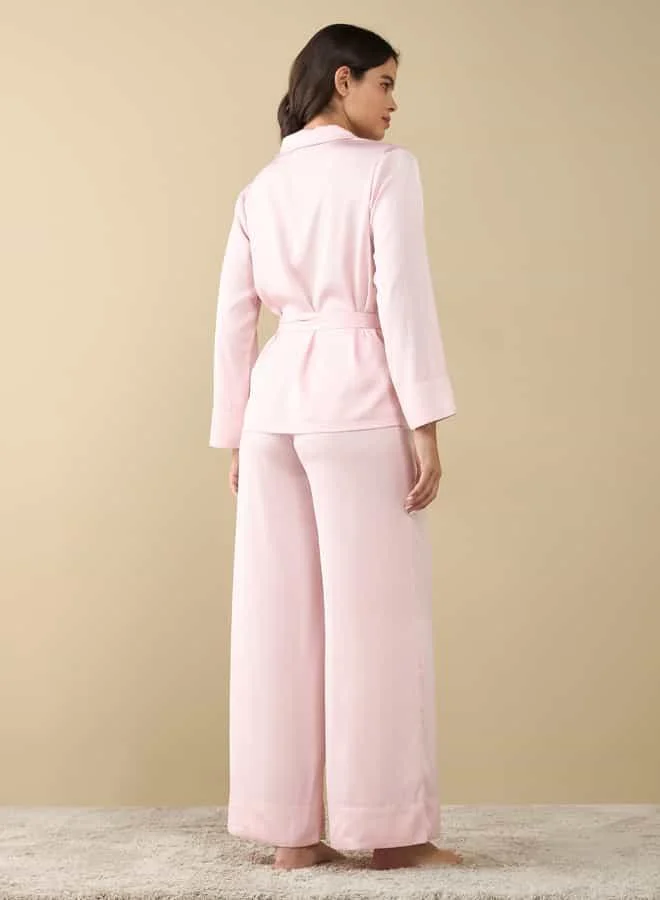 Splash FAV Solid Long Sleeves Shirt with Tie-Up and Pyjama Set