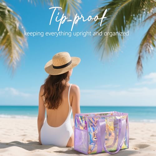 Bagstellar Beach Bags for Women, 3 PCS Large Iridescent Clear Beach Tote Bag with Zipper, Makeup Bag & Waterproof Phone Pouch Case, Sandproof Crossbody Swim Pool Bag Summer Vacation Travel Essentials - Image 2