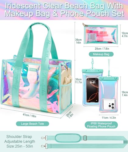 Bagstellar Beach Bags for Women, 3 PCS Large Iridescent Clear Beach Tote Bag with Zipper, Makeup Bag & Waterproof Phone Pouch Case, Sandproof Crossbody Swim Pool Bag Summer Vacation Travel Essentials - Image 4