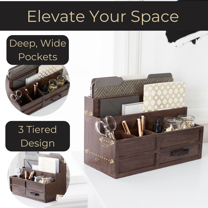BLU MONACO | Wooden Mail Organizer with Drawer and Pen Holder | Mail Sorter Organizer Countertop for Desk or Kitchen | Outgoing Mail Holder Wood Desktop Storage - Image 3