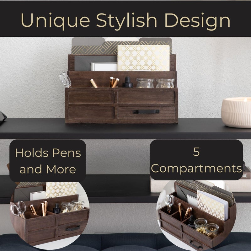 BLU MONACO | Wooden Mail Organizer with Drawer and Pen Holder | Mail Sorter Organizer Countertop for Desk or Kitchen | Outgoing Mail Holder Wood Desktop Storage - Image 5