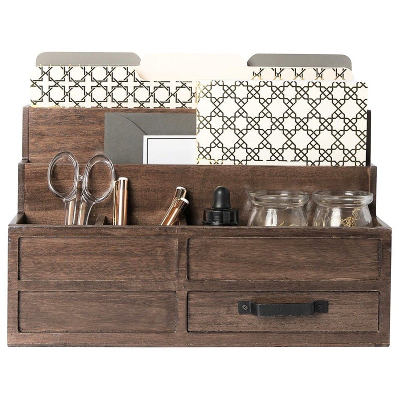 BLU MONACO | Wooden Mail Organizer with Drawer and Pen Holder | Mail Sorter Organizer Countertop for Desk or Kitchen | Outgoing Mail Holder Wood Desktop Storage - Image 1
