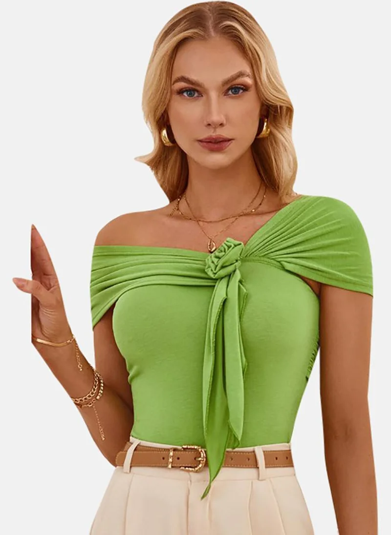 YUNIQEE Green Solid Short Sleeve Off-shoulder Tunics