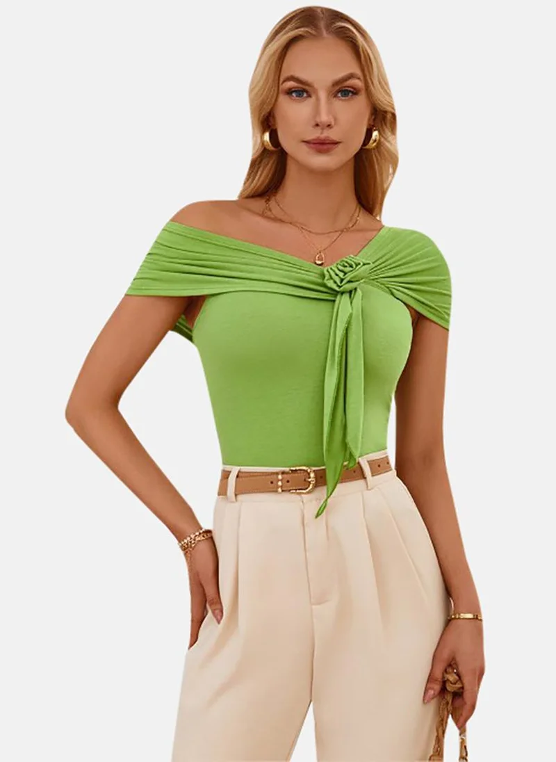 YUNIQEE Green Solid Short Sleeve Off-shoulder Tunics