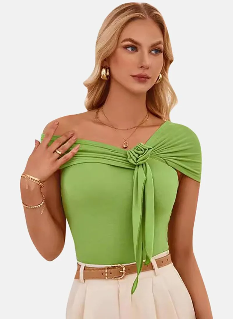 يونيكي Green Solid Short Sleeve Off-shoulder Tunics