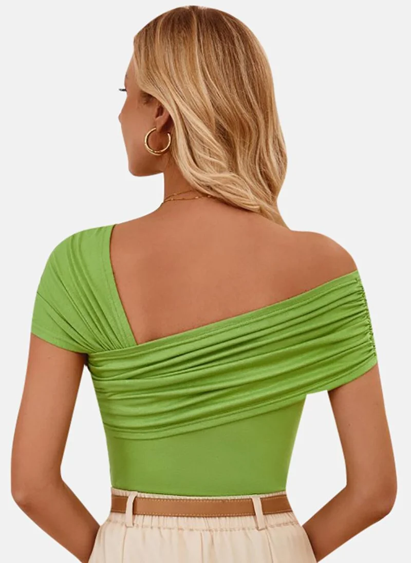 YUNIQEE Green Solid Short Sleeve Off-shoulder Tunics