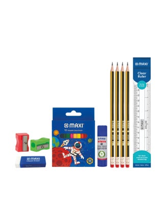 School Stationery Basic Kit: Colour Pencils (12 Colours), Graphite Pencils (4 Pieces), 15cm Ruler, Glue Stick, 2 Sharpeners, Eraser