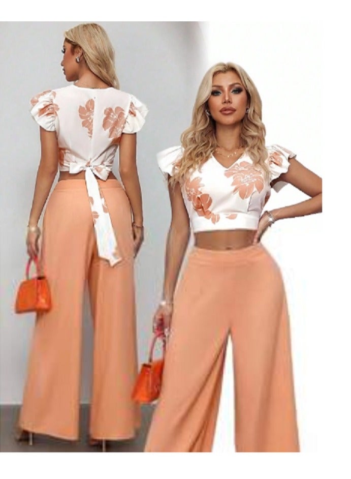 SHEIN LUNE Women Graceful Floral Print Tie-Waist 2 Pieces Set With Fluttered Sleeves - Image 1