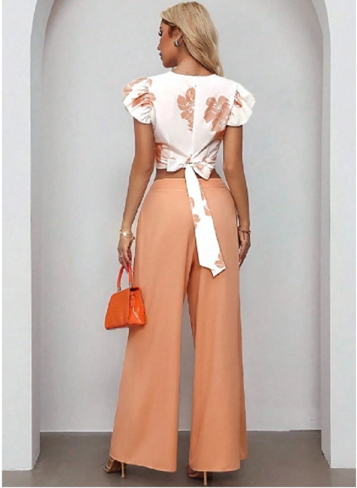 SHEIN LUNE Women Graceful Floral Print Tie-Waist 2 Pieces Set With Fluttered Sleeves - Image 2