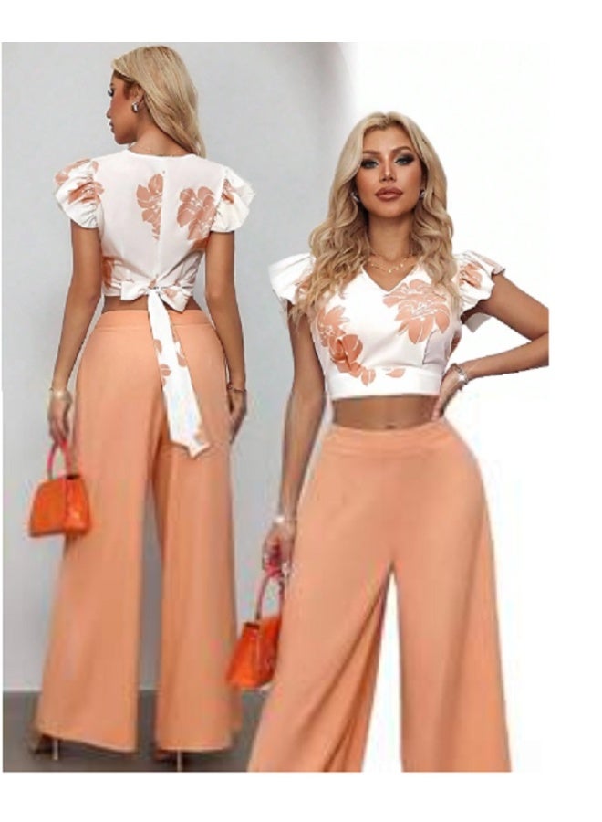 SHEIN LUNE Women Graceful Floral Print Tie-Waist 2 Pieces Set With Fluttered Sleeves - Image 5