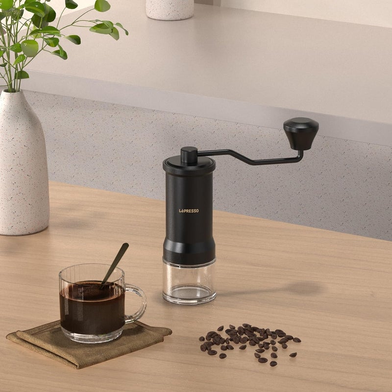 LePRESSO Handheld Burr Grinder, 35g Glass Container, High-Grade 420 Stainless Steel, Perfect Grip, Grinder with Crank for Travel, Camping, Office, Espresso - Black - Image 1