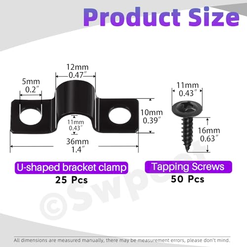 Swpeet 25Pcs 12mm Two Hole U Bracket Clamp with 50Pcs Selftapping Screws Kit UClamps Metal Pipe Clamps Pipe Strap Clamps Conduit Clamps Tension Clips for Fixing Pipe or Cable - Image 3
