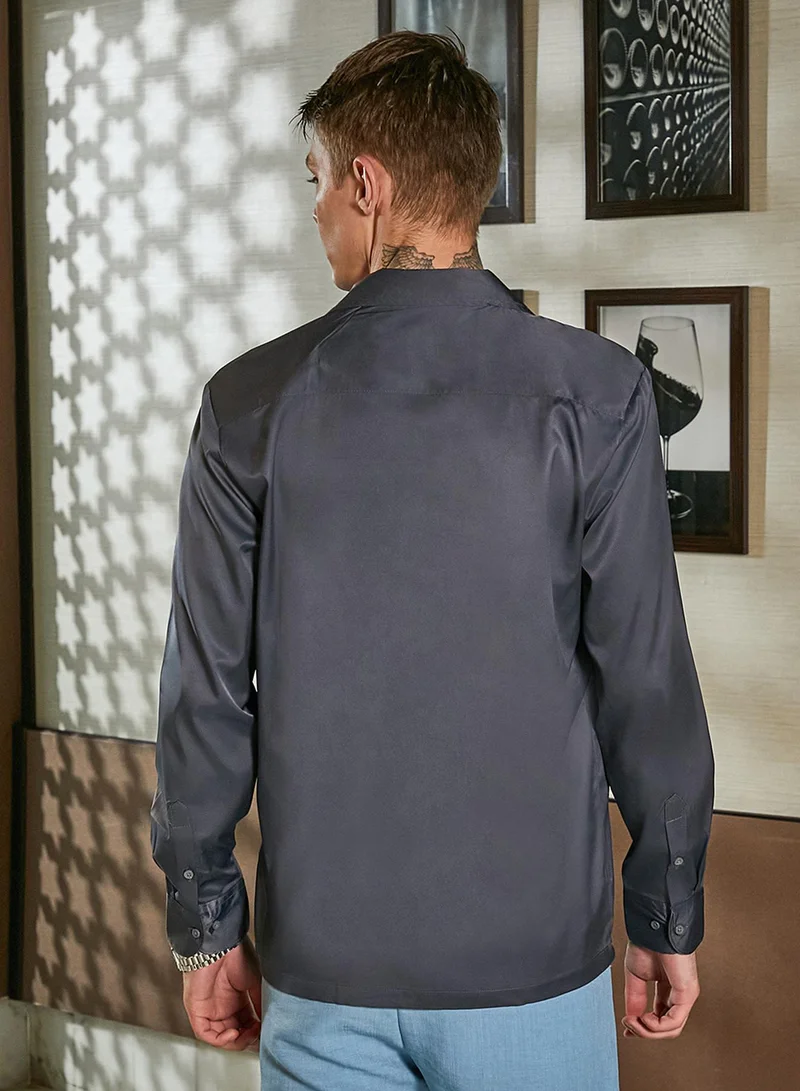 Campus Sutra Men's Charcoal Grey Solid Cuban Shirt
