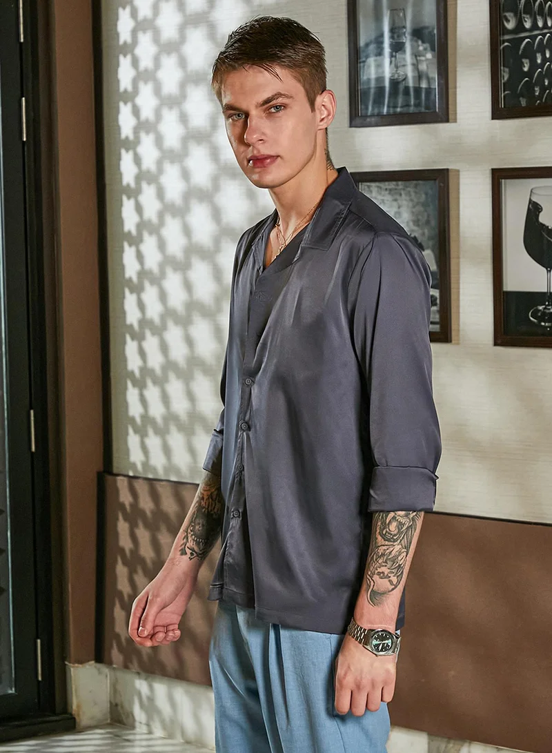 Campus Sutra Men's Charcoal Grey Solid Cuban Shirt