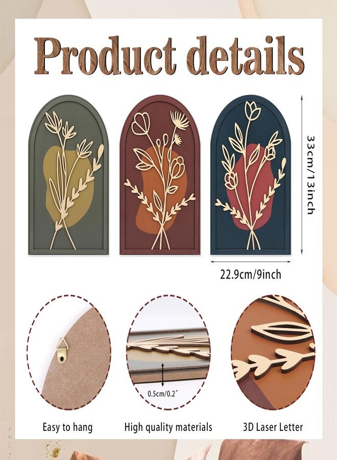 KAIRNE 3D Botanical Boho Bathroom Decor,Bohemian Sign,Floral Aesthetic Wooden Plaques,Plant Minimalist Wall Art Set of 3(13x9inch) Modern Neutral Pictures for Living Room Farmhouse Wall Decor - Image 2