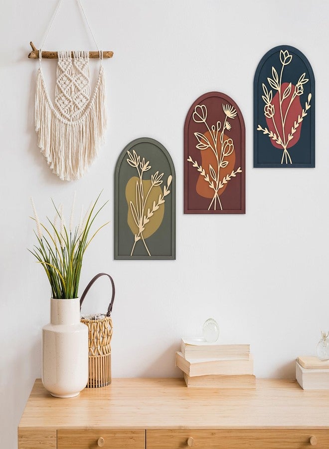 KAIRNE 3D Botanical Boho Bathroom Decor,Bohemian Sign,Floral Aesthetic Wooden Plaques,Plant Minimalist Wall Art Set of 3(13x9inch) Modern Neutral Pictures for Living Room Farmhouse Wall Decor - Image 3