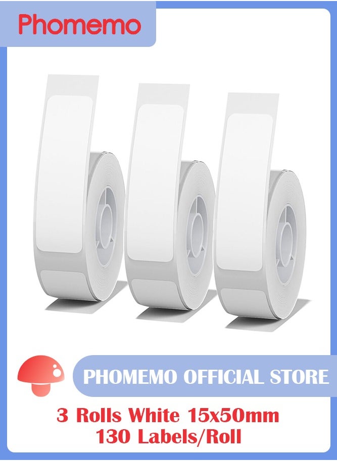 phomemo - 3 Rolls Multi-Purpose Square Self-Adhesive Label for D30/ Q30S Label Printer, 15x50mm, 130 Labels/Roll (White) - Image 1