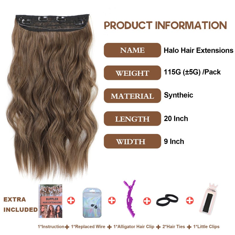 BUPPLER Halo Hair Extensions 20 Inch Invisible Wire Hair Extensions Adjustable Long Wavy Hairpiece Synthetic Upgrade 4 Secure Clips in Hairpieces 20 Inch,Light Brown - Image 2