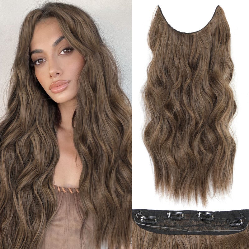 BUPPLER Halo Hair Extensions 20 Inch Invisible Wire Hair Extensions Adjustable Long Wavy Hairpiece Synthetic Upgrade 4 Secure Clips in Hairpieces 20 Inch,Light Brown - Image 1