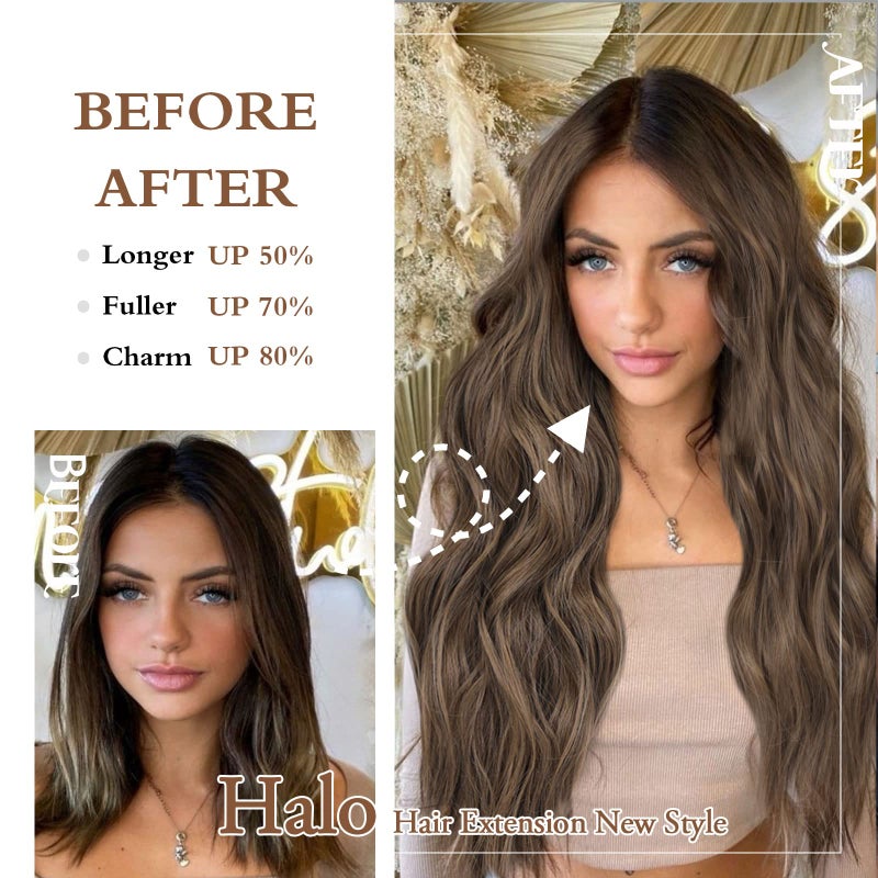 BUPPLER Halo Hair Extensions 20 Inch Invisible Wire Hair Extensions Adjustable Long Wavy Hairpiece Synthetic Upgrade 4 Secure Clips in Hairpieces 20 Inch,Light Brown - Image 3