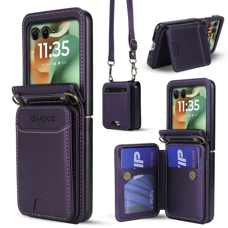 ASAPDOS for Motorola Razr 2025/2024 Wallet Case - 5 Card Slots RFID Blocking | Detachable Crossbody Strap & Wristlet | Snap Magnetic Cover | Shockproof PU Leather Purple - Image 1