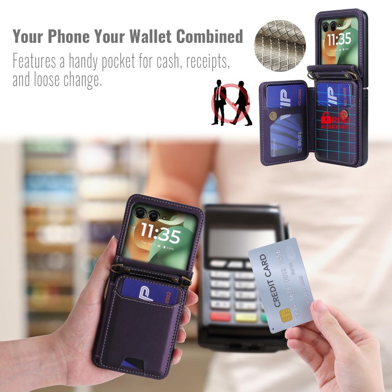 ASAPDOS for Motorola Razr 2025/2024 Wallet Case - 5 Card Slots RFID Blocking | Detachable Crossbody Strap & Wristlet | Snap Magnetic Cover | Shockproof PU Leather Purple - Image 5