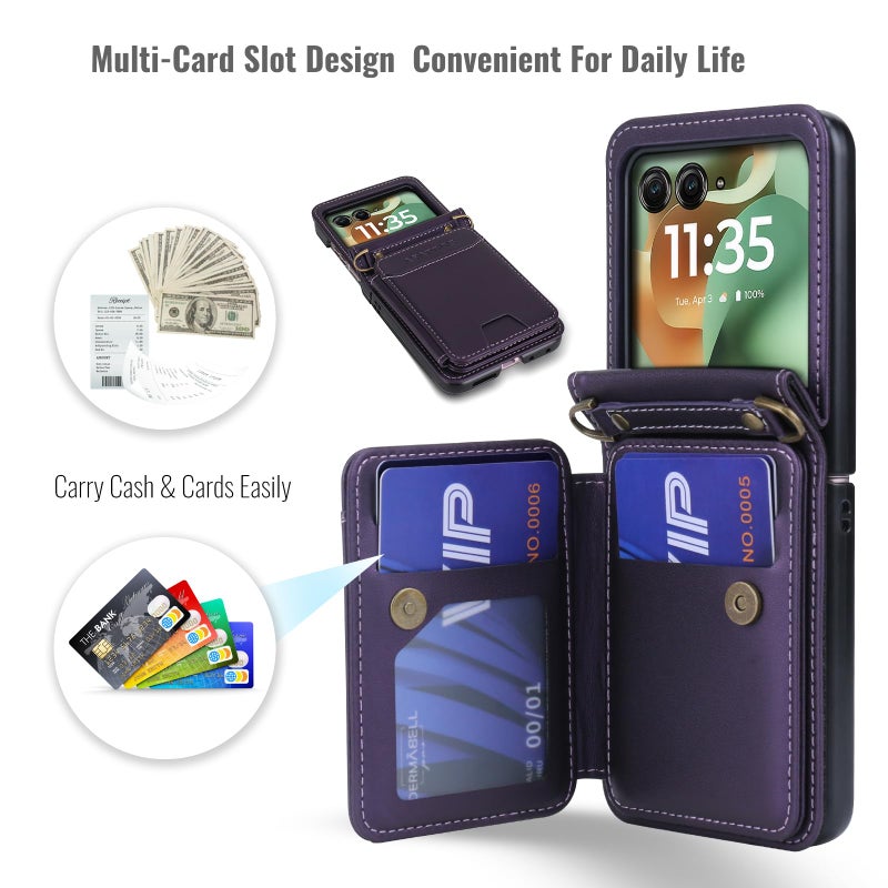 ASAPDOS for Motorola Razr 2025/2024 Wallet Case - 5 Card Slots RFID Blocking | Detachable Crossbody Strap & Wristlet | Snap Magnetic Cover | Shockproof PU Leather Purple - Image 2