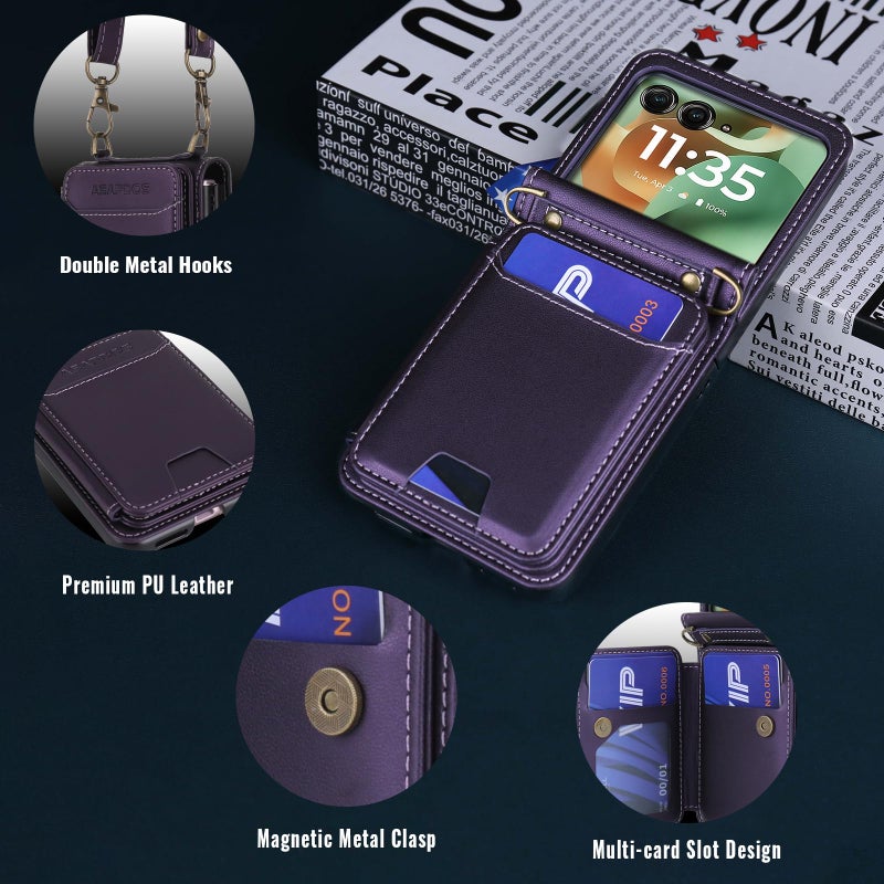 ASAPDOS for Motorola Razr 2025/2024 Wallet Case - 5 Card Slots RFID Blocking | Detachable Crossbody Strap & Wristlet | Snap Magnetic Cover | Shockproof PU Leather Purple - Image 3