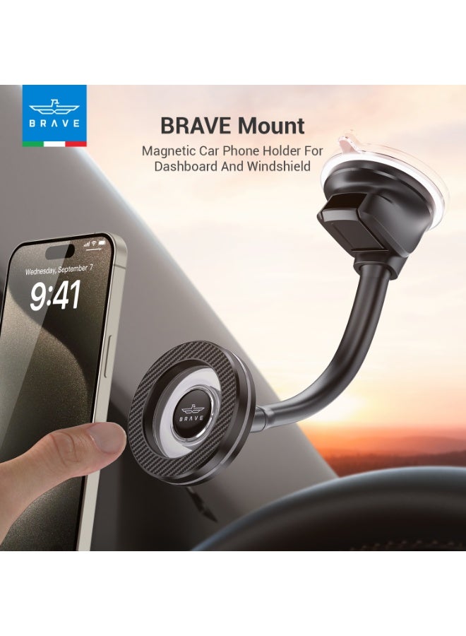 Brave Magnetic Car Phone Holder for Dashboard & Windshield, Magsafe Car Mount with N54H Strong Magnets, Flexible Gooseneck Long Arm, 360° Rotation Suction Cup Phone Stand, Universal Mobile Holder Compatible with iPhone 17/17 Pro/17 Pro Max, iPhone Air, iPhone 16/15/14/13 Series, Samsung Galaxy S25/S24/S23 Ultra, Anti-Shake Secure Grip - Black - Image 2