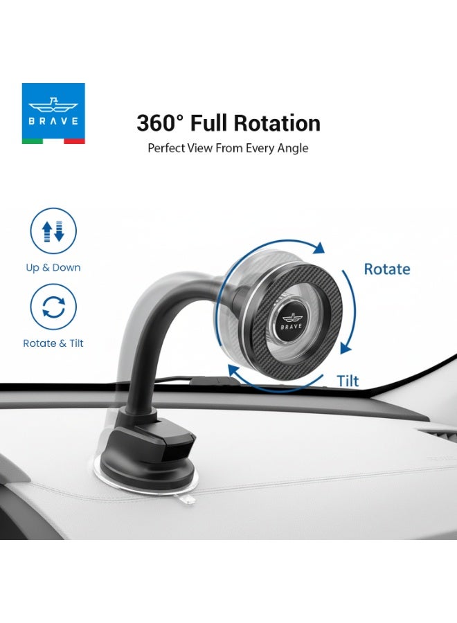 Brave Magnetic Car Phone Holder for Dashboard & Windshield, Magsafe Car Mount with N54H Strong Magnets, Flexible Gooseneck Long Arm, 360° Rotation Suction Cup Phone Stand, Universal Mobile Holder Compatible with iPhone 17/17 Pro/17 Pro Max, iPhone Air, iPhone 16/15/14/13 Series, Samsung Galaxy S25/S24/S23 Ultra, Anti-Shake Secure Grip - Black - Image 3
