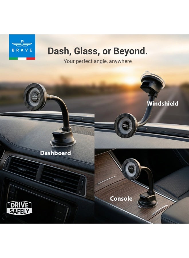 Brave Magnetic Car Phone Holder for Dashboard & Windshield, Magsafe Car Mount with N54H Strong Magnets, Flexible Gooseneck Long Arm, 360° Rotation Suction Cup Phone Stand, Universal Mobile Holder Compatible with iPhone 17/17 Pro/17 Pro Max, iPhone Air, iPhone 16/15/14/13 Series, Samsung Galaxy S25/S24/S23 Ultra, Anti-Shake Secure Grip - Black - Image 1