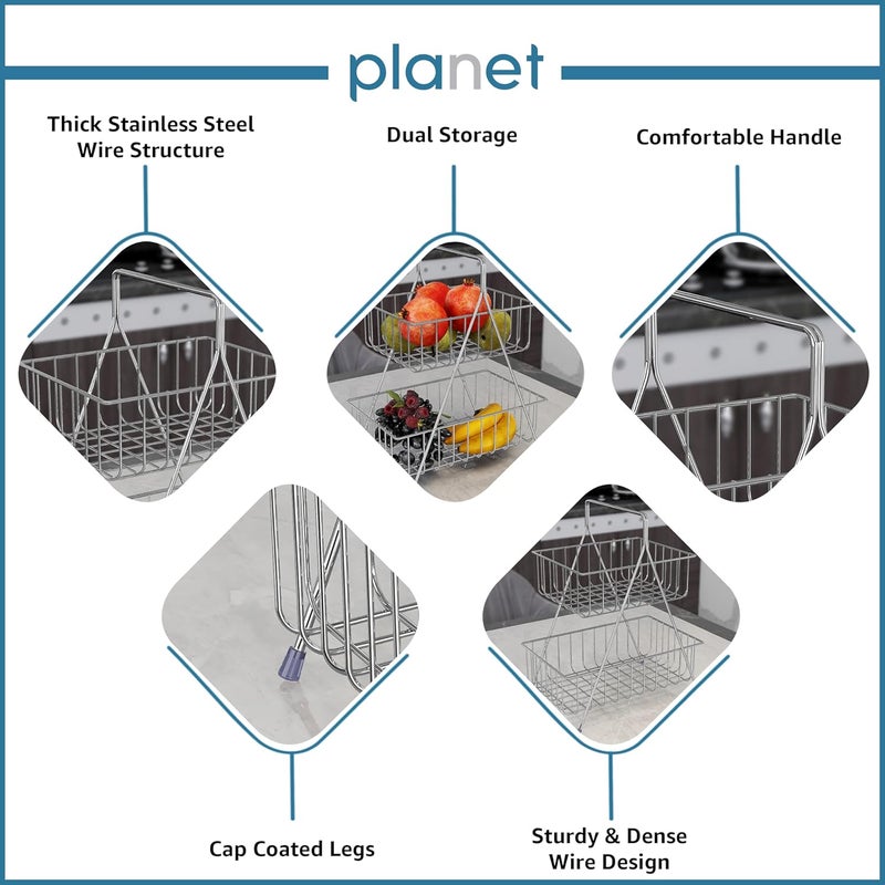 Planet High Grade Steel 2Tier Fruit Vegetable Basket for Dining TableKitchen Fruit BasketVegetable OrganiserBowlCountertop Fruit Rack Chrome - Image 5