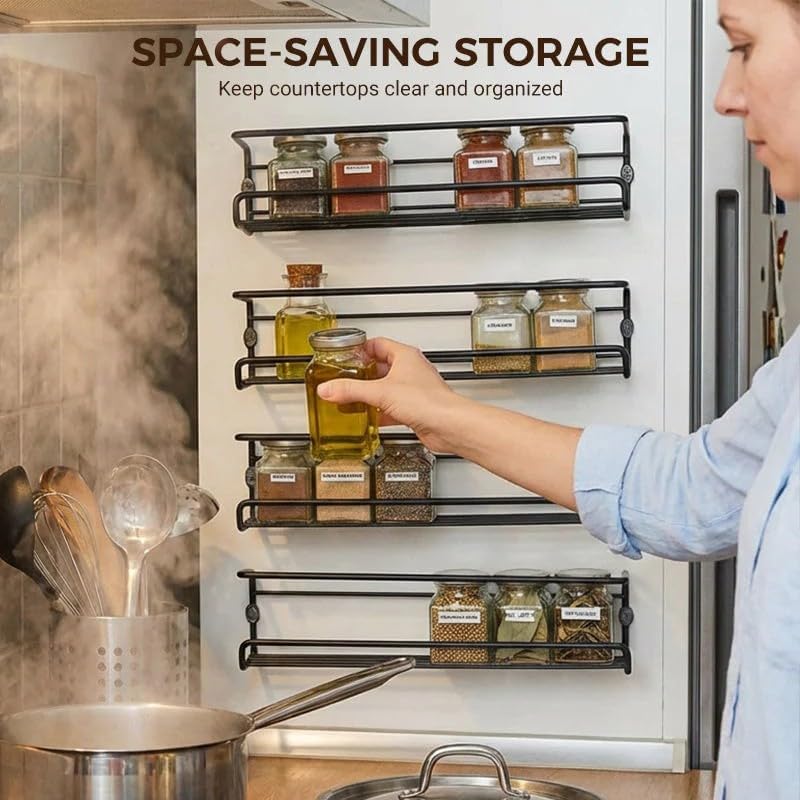 No-Drill Wall-Mounted Spice Rack, Space-Saving Spice Organizer for Spice Jars and Seasonings, Screw or Adhesive Hanging Spice Rack Organizer for Stove Cabinet Pantry Door, Durable Carbon Steel (1, L) - Image 3