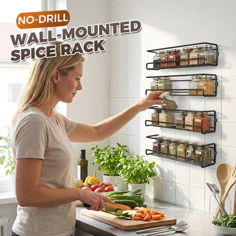 No-Drill Wall-Mounted Spice Rack, Space-Saving Spice Organizer for Spice Jars and Seasonings, Screw or Adhesive Hanging Spice Rack Organizer for Stove Cabinet Pantry Door, Durable Carbon Steel (1, L) - Image 2