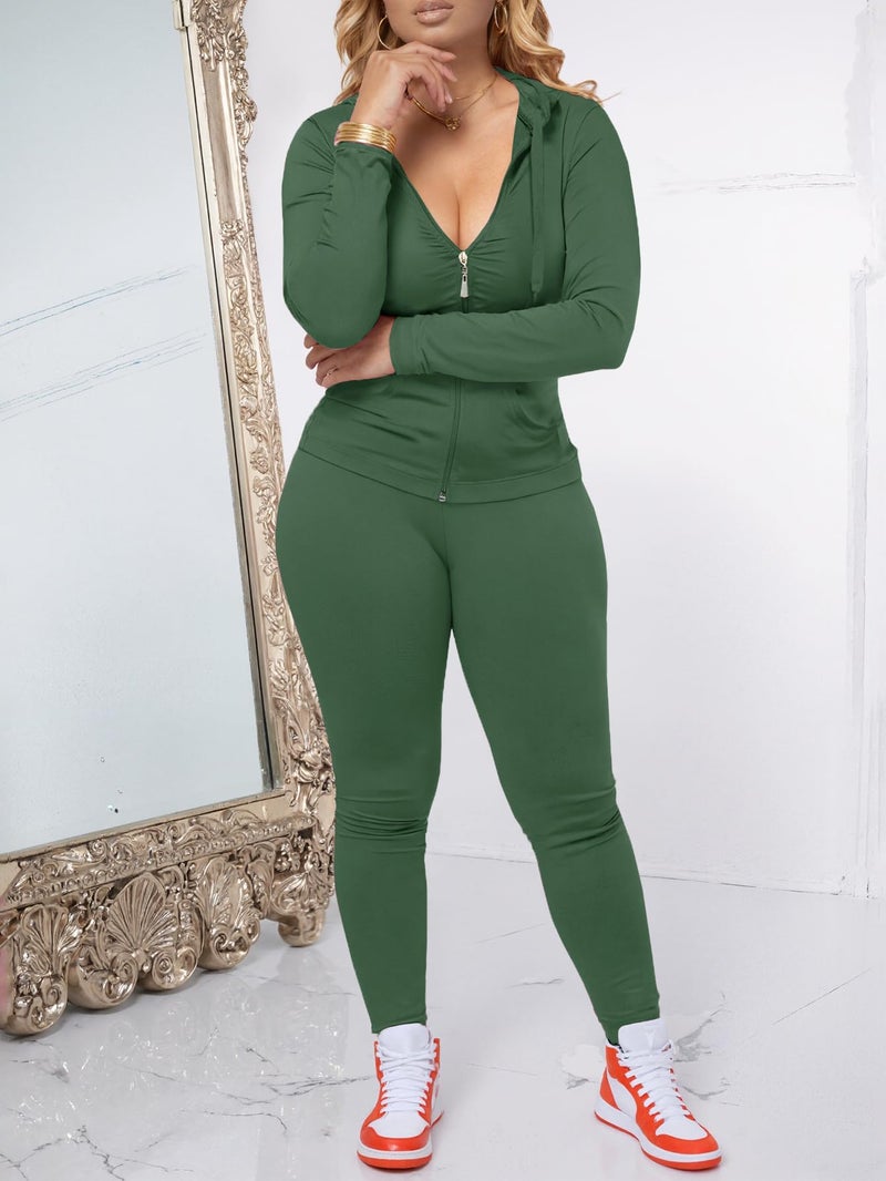 AUXDIO Women 2 Piece Outfits Casual Workout Sets Bodycon Tracksuit Zip Up Long Sleeve Hoodle Jacket Jogger Pants Set Green S - Image 5