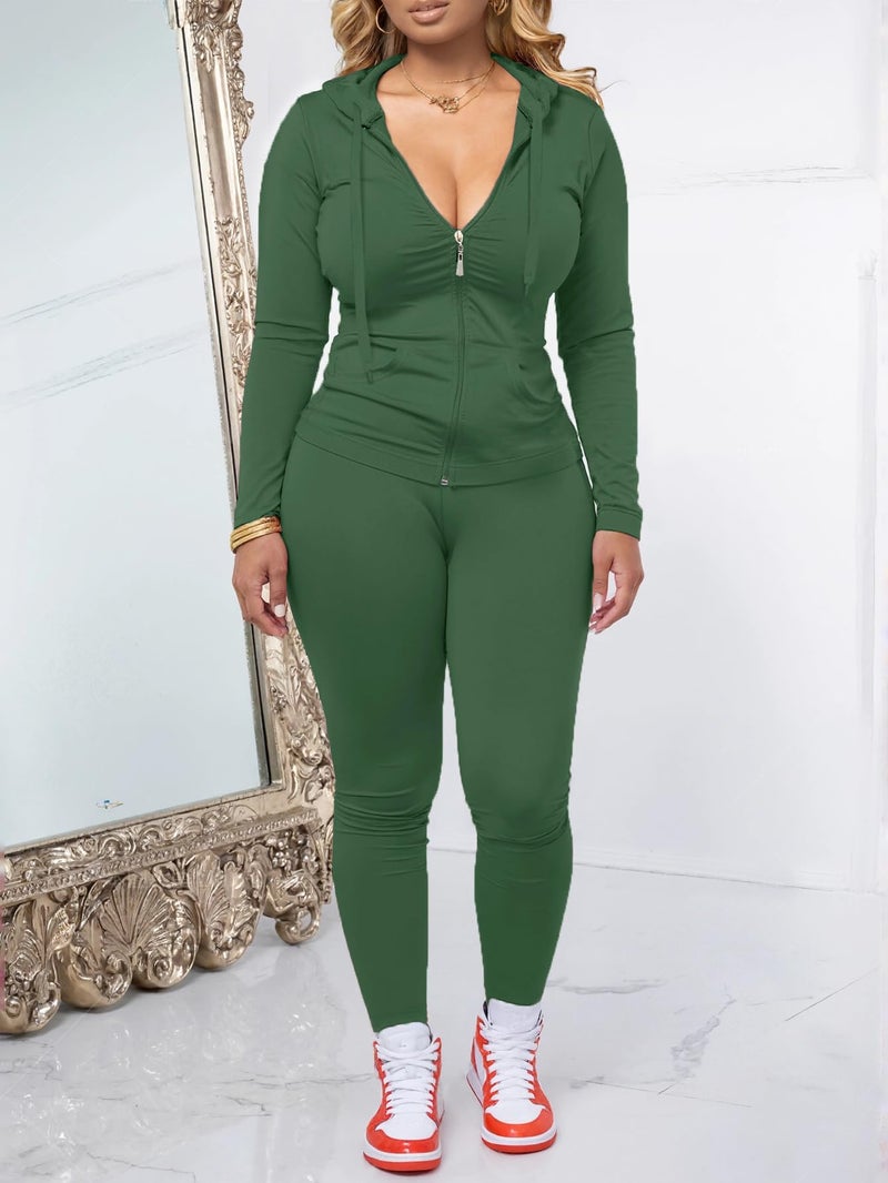 AUXDIO Women 2 Piece Outfits Casual Workout Sets Bodycon Tracksuit Zip Up Long Sleeve Hoodle Jacket Jogger Pants Set Green S - Image 2