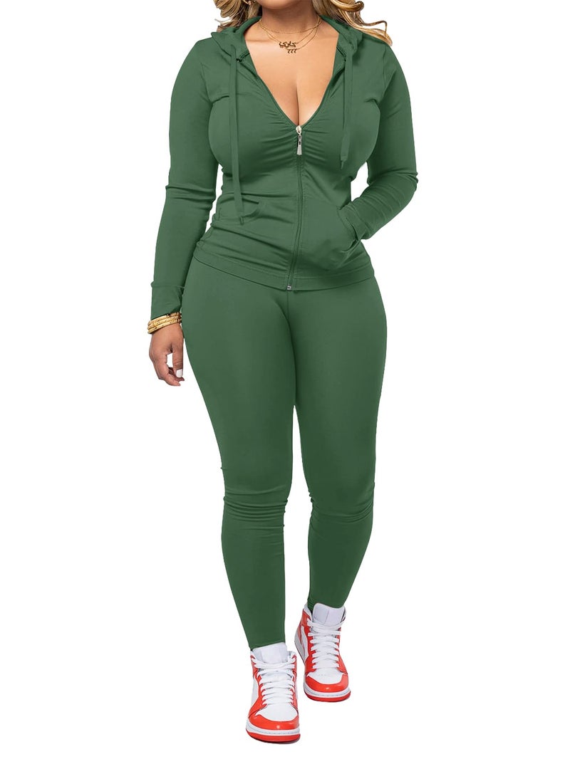 AUXDIO Women 2 Piece Outfits Casual Workout Sets Bodycon Tracksuit Zip Up Long Sleeve Hoodle Jacket Jogger Pants Set Green S - Image 1