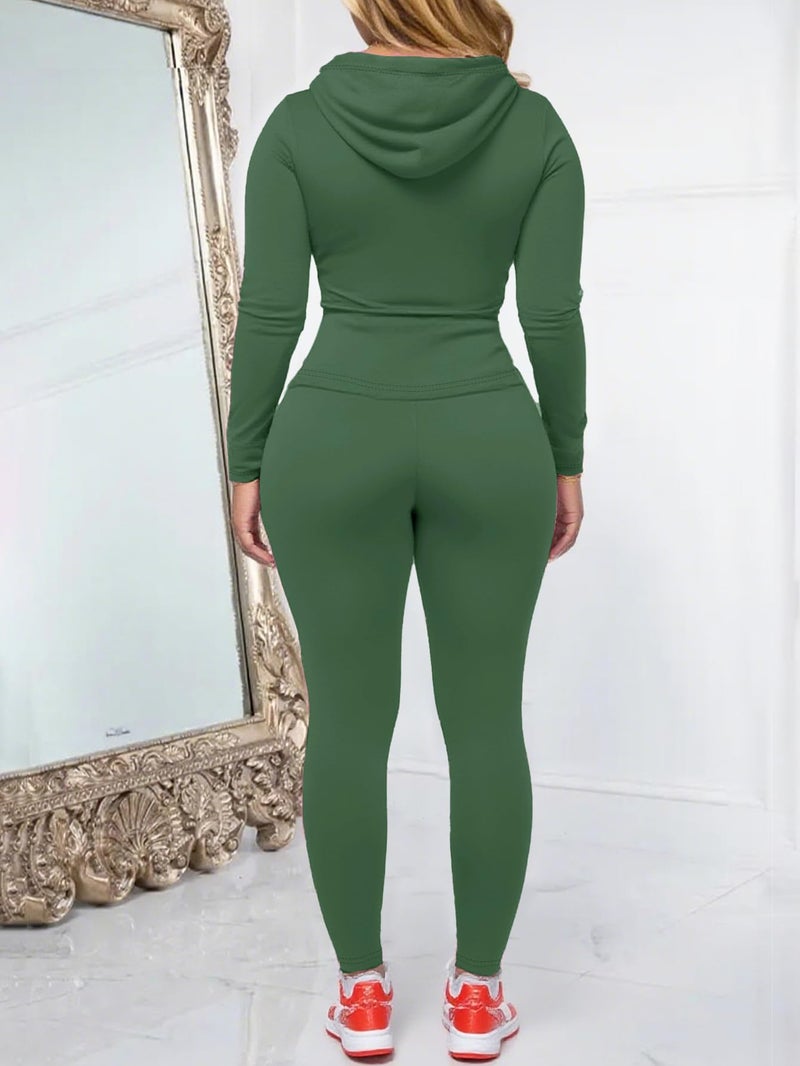 AUXDIO Women 2 Piece Outfits Casual Workout Sets Bodycon Tracksuit Zip Up Long Sleeve Hoodle Jacket Jogger Pants Set Green S - Image 4