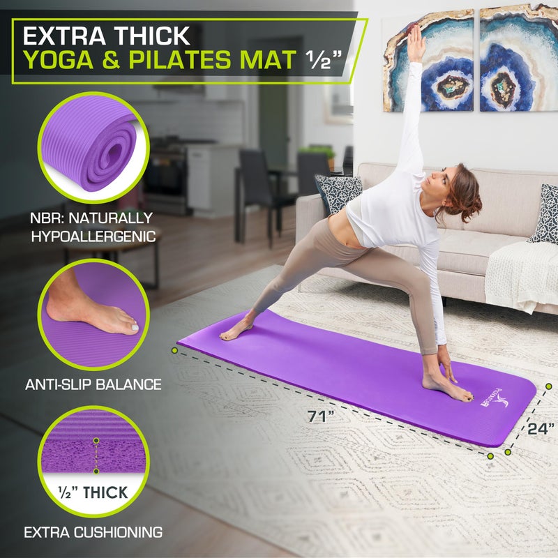 ProsourceFit Extra Thick Yoga and Pilates Mat Â½â€ (13mm), 71-inch Long High Density Exercise Mat with Comfort Foam and Carrying Strap - Image 2