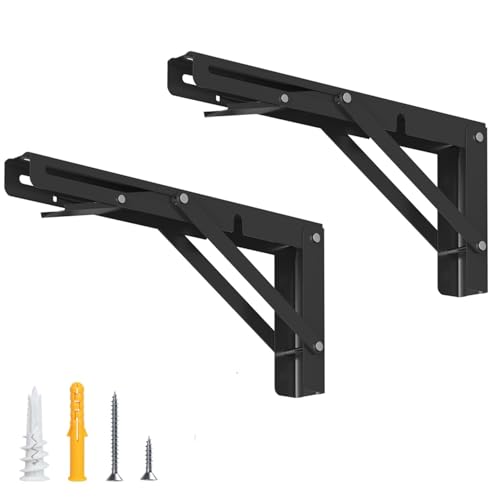 LuckIn 16-Inch Foldable Brackets for DIY Folding Shelves or Tables, L Shelf Brackets Collapsible, Heavy Duty Stainless Steel, Max Load 300lbs, Black, 4 Pcs - Image 1