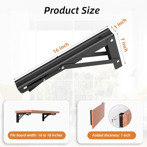 LuckIn 16-Inch Foldable Brackets for DIY Folding Shelves or Tables, L Shelf Brackets Collapsible, Heavy Duty Stainless Steel, Max Load 300lbs, Black, 4 Pcs - Image 2