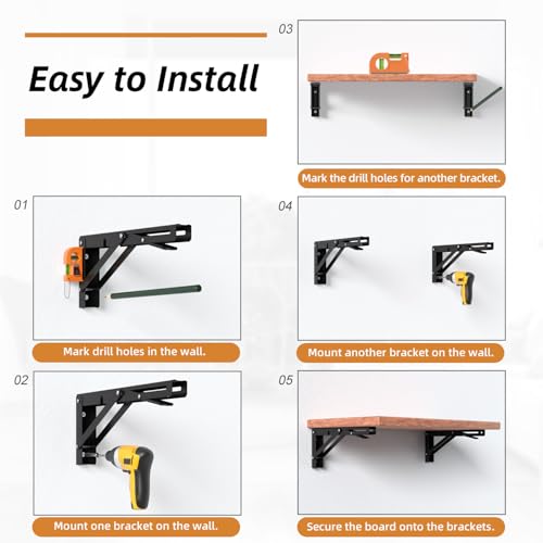 LuckIn 16-Inch Foldable Brackets for DIY Folding Shelves or Tables, L Shelf Brackets Collapsible, Heavy Duty Stainless Steel, Max Load 300lbs, Black, 4 Pcs - Image 5