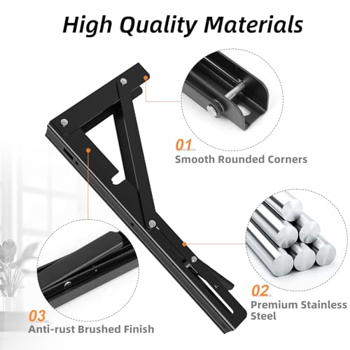 LuckIn 16-Inch Foldable Brackets for DIY Folding Shelves or Tables, L Shelf Brackets Collapsible, Heavy Duty Stainless Steel, Max Load 300lbs, Black, 4 Pcs - Image 4