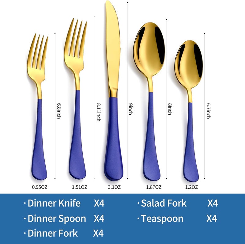 Moxinox 20-Piece Blue & Gold Silverware Set, 18/0 Stainless Steel Colorful Handle Flatware Set,Service for 4,Modern Cutlery Set Includes Dinner Knives Forks Spoons,Mirror Polished,Dishwasher Safe - Image 2