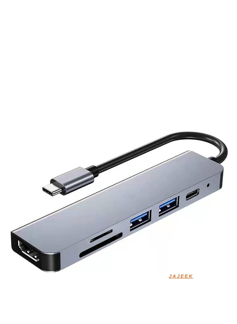 JAJEEK USB C Hub 6-in-1 Type C to HDMI 4K Adapter with 2 USB 3.0 Ports, SD/TF Card Reader, 100W USB-C Power Delivery, Aluminium, Compatible with MacBook Pro/Air, XPS, and More - Space Grey - Image 1