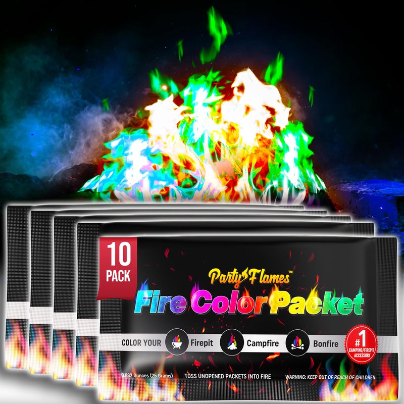 Party Flames Fire Color Changing Packets Fire Pit (10 Pack) - Perfect for Any Campfire, Bonfire & Outdoor Fireplaces - Perfect Magic Cosmic Mystical Campfire Accessories - Camping Games  - Image 1